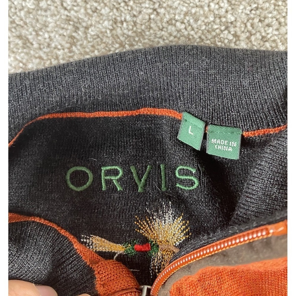 Orvis Sweater Mens Large Orange 100% Merino Wool Quarter Zip Leather Trim Preppy - Picture 2 of 8